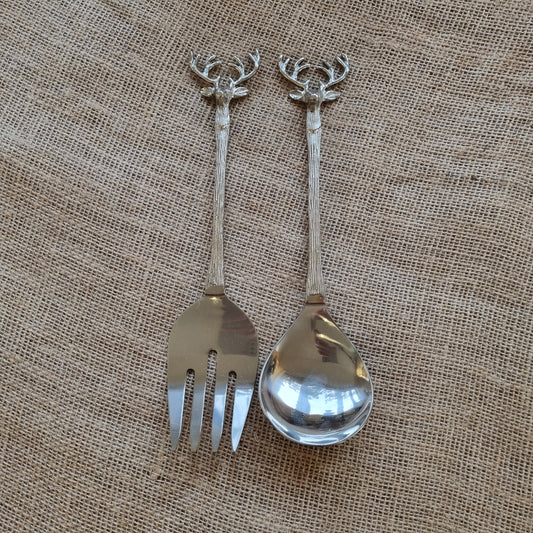 Deer Head Silver Salad Servers
